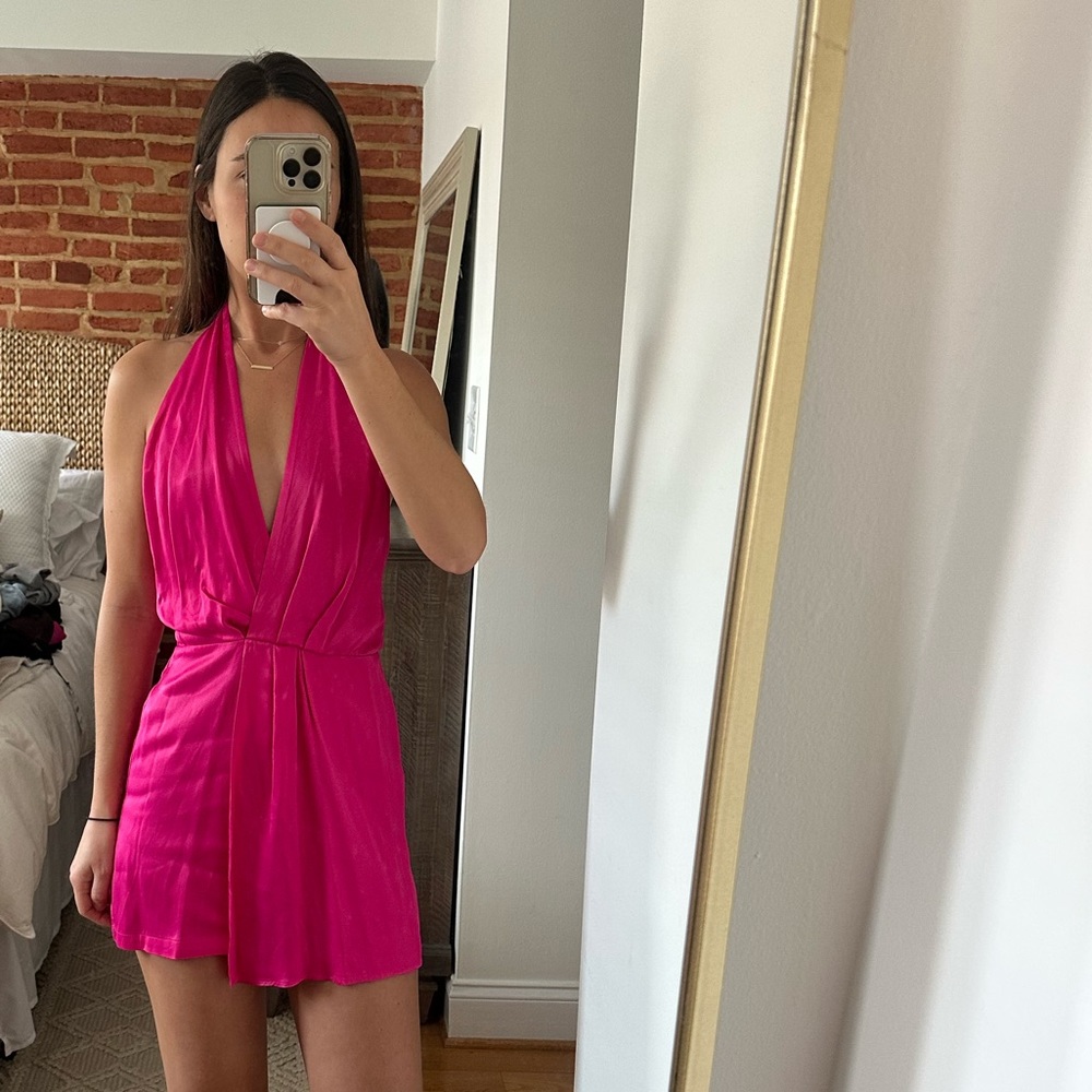 Zara satin effect short jumpsuit romper fuchsia dress pink small 9878/130